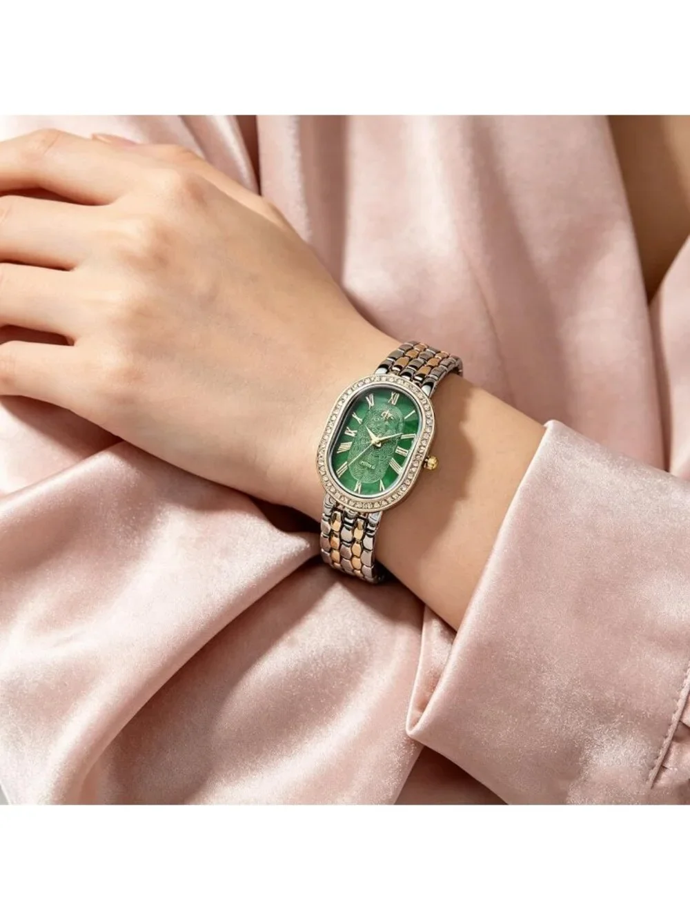 Women's Duotone Green Oval Rhinestones Case Adjustable Stainless Steel Watch